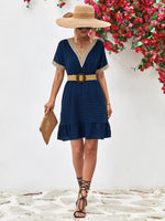 V-Neck Swiss Dot Ruffle Hem Mini Dress