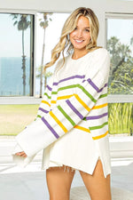 BiBi Ribbed Hem Mardi Gras Stripe Sweater