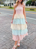 Smocked Ruffle Layered Floral Midi Dress