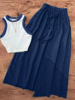 Contrast Trim Tank and Drawstring Waist Skirt Set