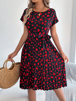 Heart Print Short Sleeve Tie Waist Dress