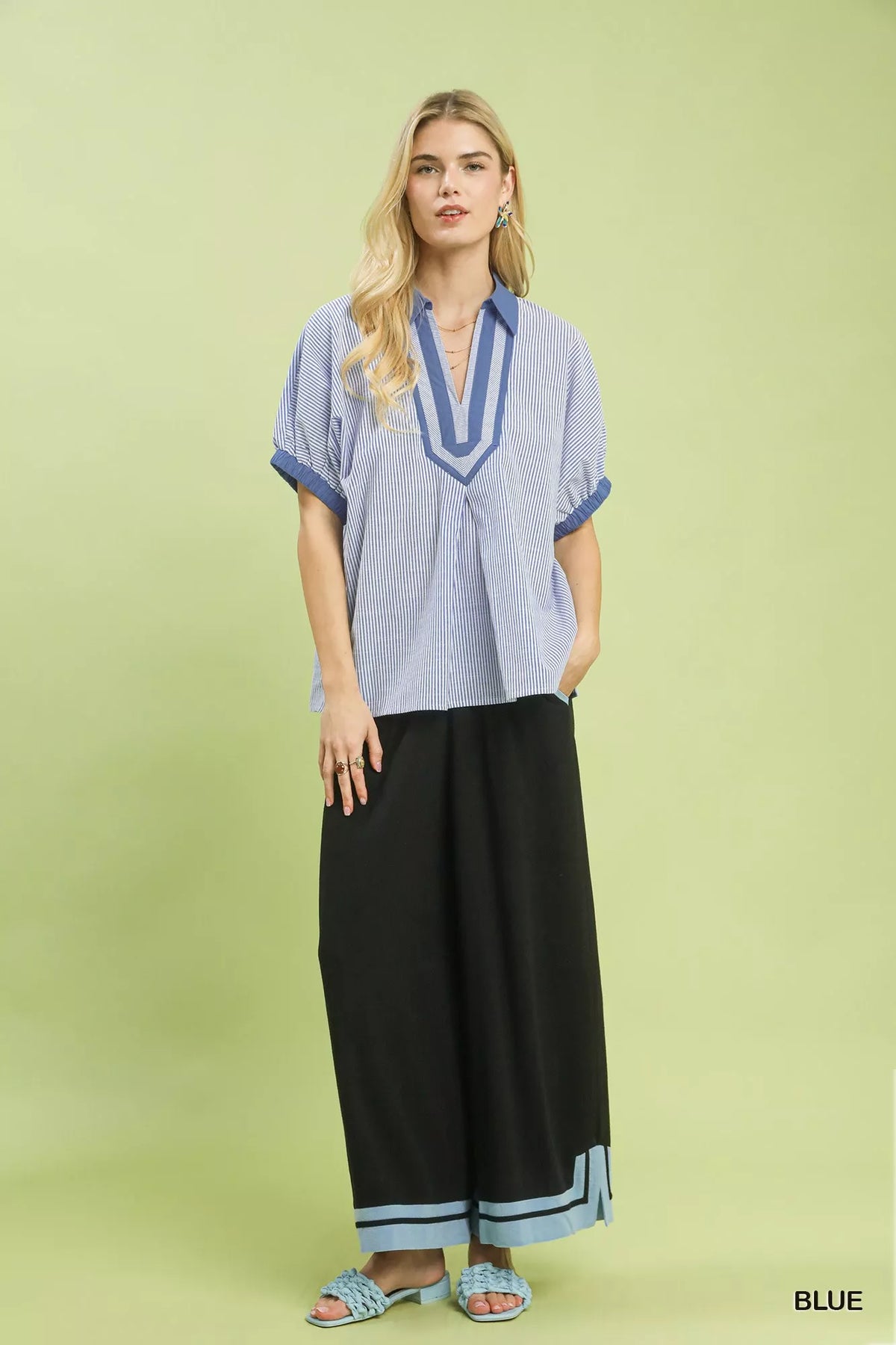 Umgee Contrast Trim Popover Stripe Top