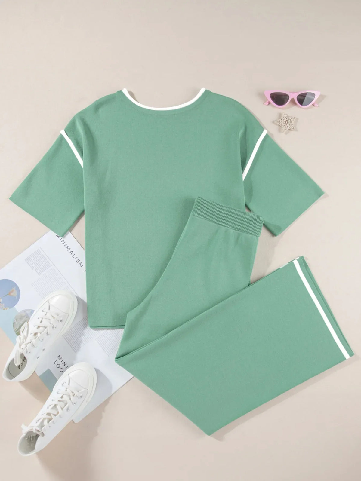 Contrast Trim T-Shirt and Drawstring Pants Set