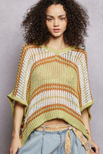 POL Openwork Lightweight Striped V-Neck Knit Top