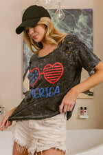BiBi 4th Of July Theme Mineral Washed Laser Cut Top