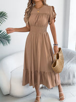 Smocked Frill Round Neck Midi Dress