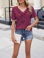 Ruffle Trim V-Neck Casual T-Shirt