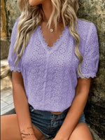 Full Size Eyelet V-Neck Short Sleeve Blouse Plus Size