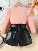Children's Ruffled Pearl Embellished Top & Faux Leather Shorts Set with Belt