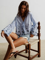 Floral Embroidered Tie-Front Blouse