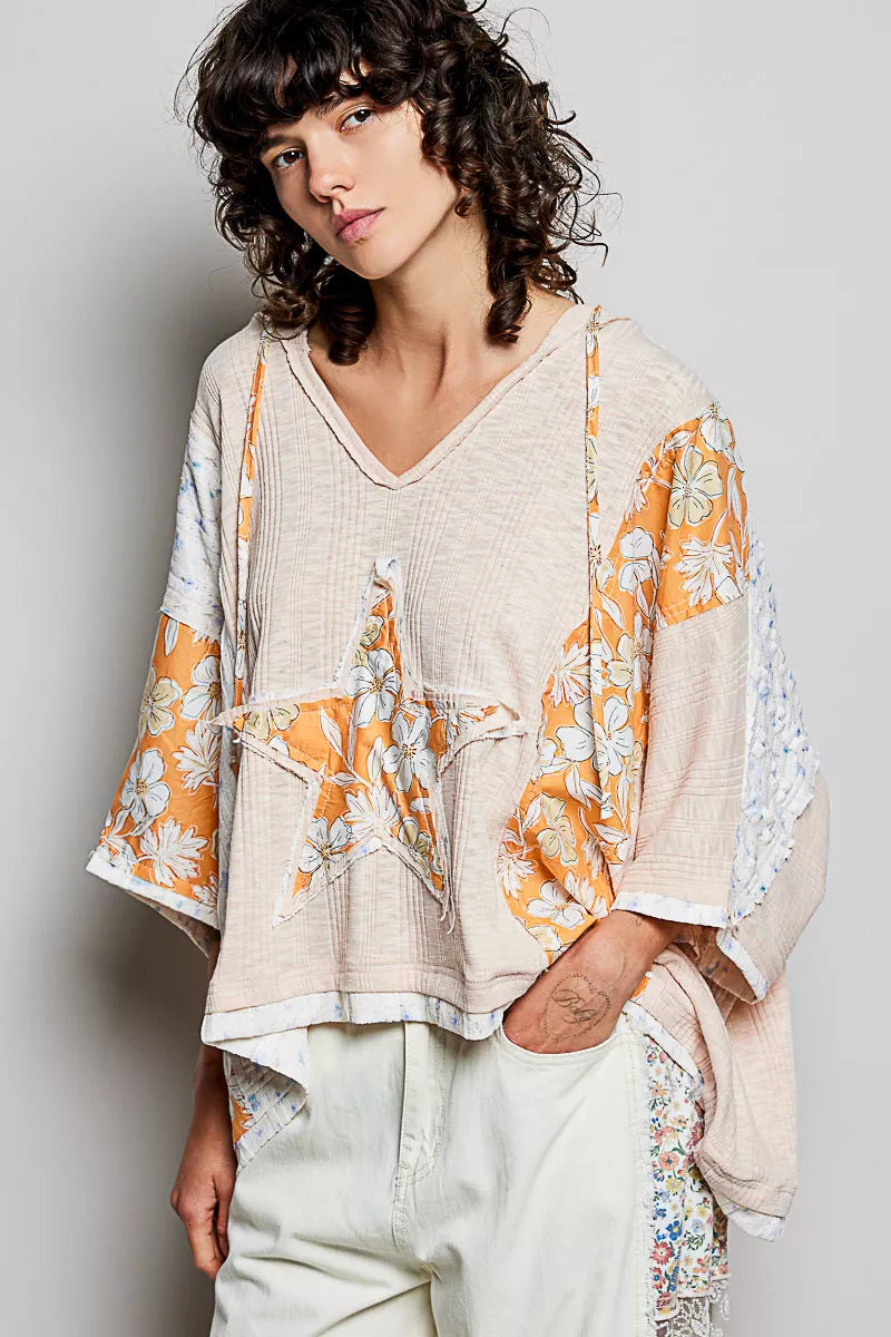 POL Floral Star Patch Hooded Blouse with Lace Contrast Detail