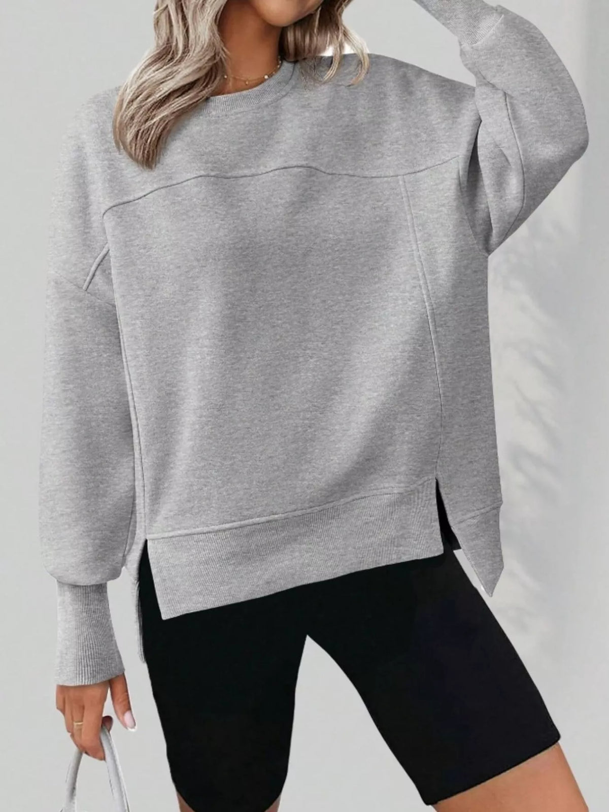 Slit Round Neck Dropped Shoulder Sweatshirt