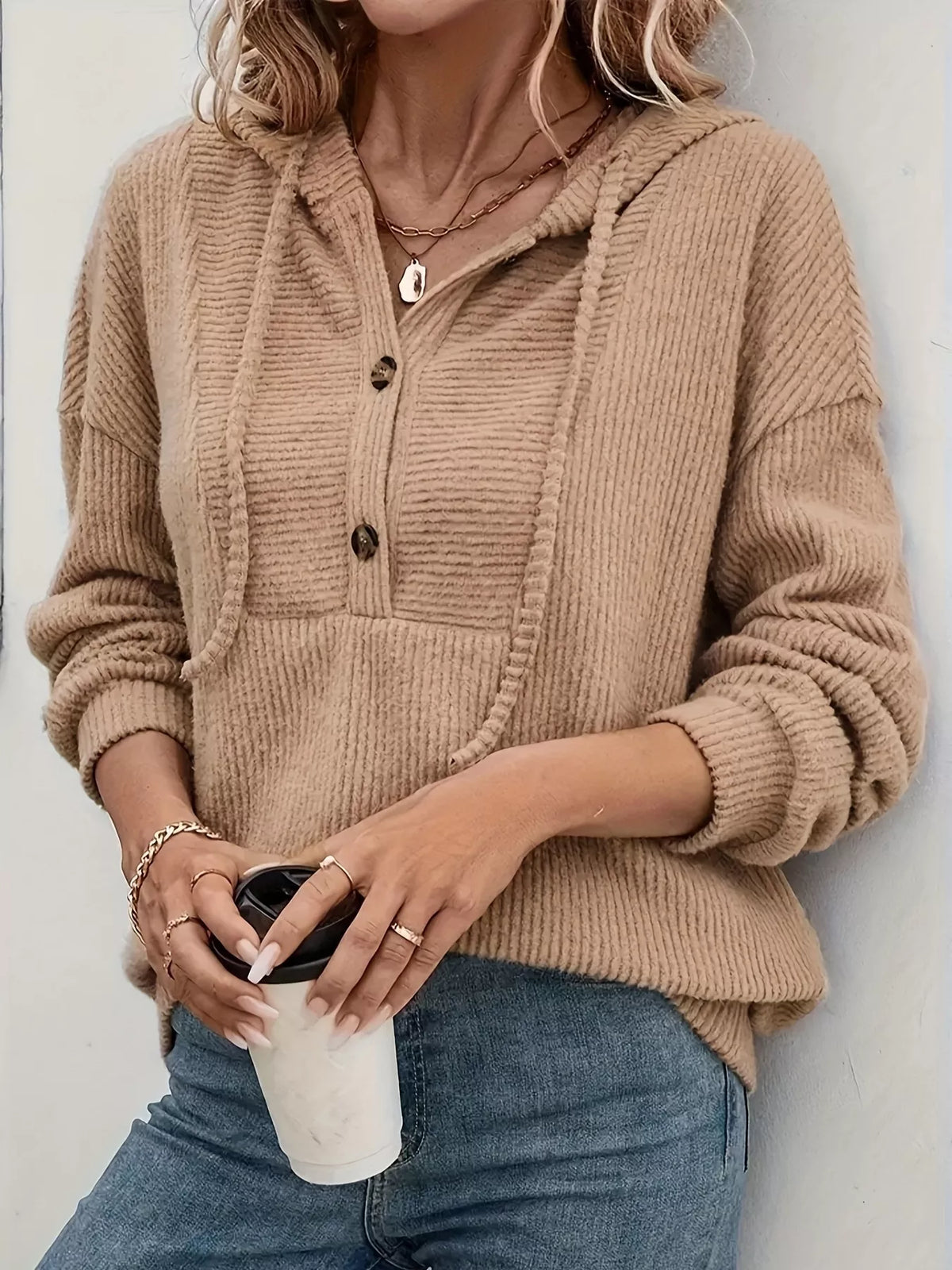 Button-Front Drawstring Hoodie
