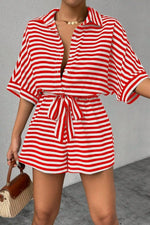 Striped Collared Neck Tie Waist Romper