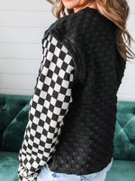 Textured Contrast Checkered Patchwork Long Sleeve Top