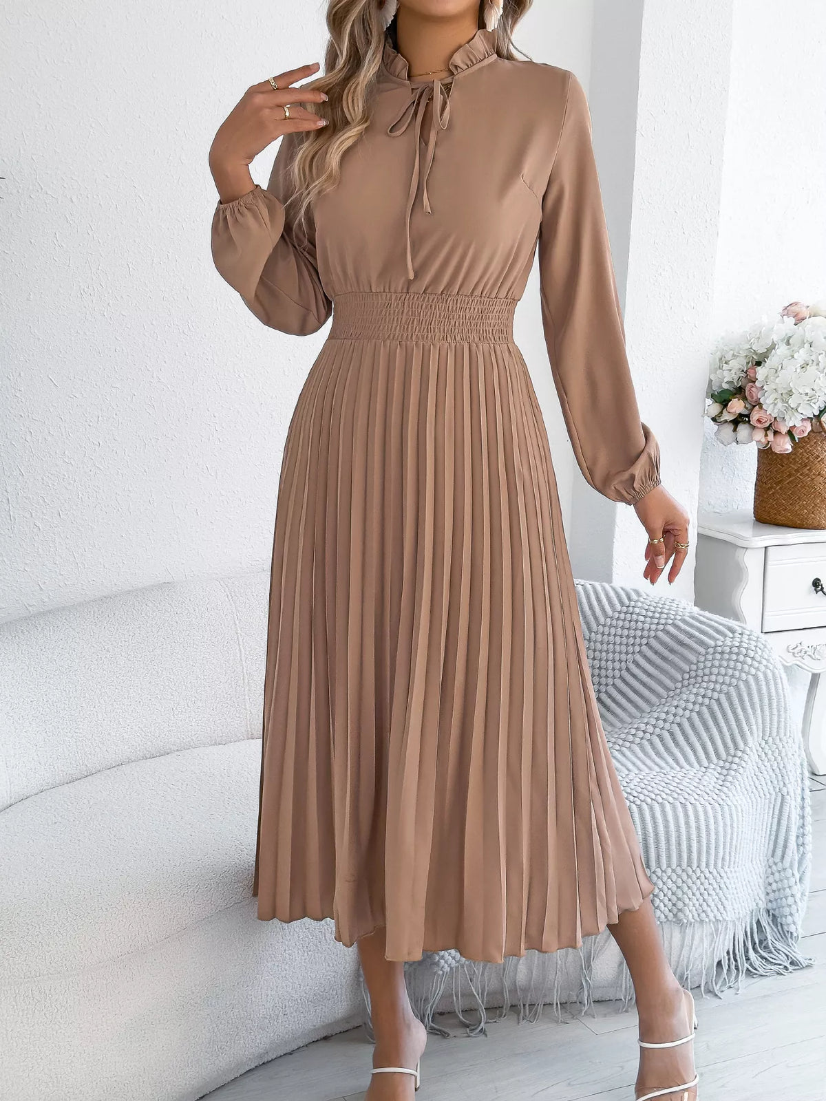 Smocked Pleated Tie Neck Dress