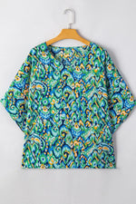 Abstract Print V Neck Half Sleeve Loose Fit Blouse