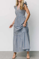 Slit Striped V-Neck Ruffled Cap Sleeve Dress