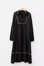 Collared V Neck Smocked Detail Contrast Leopard Trim Dress