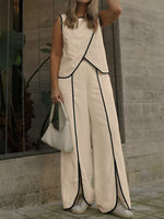 Contrast Trim Top and Wide Leg Pants Set