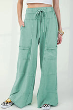 Mineral Wash Exposed Seam Drawstring High Waist Wide Leg Cargo Pants