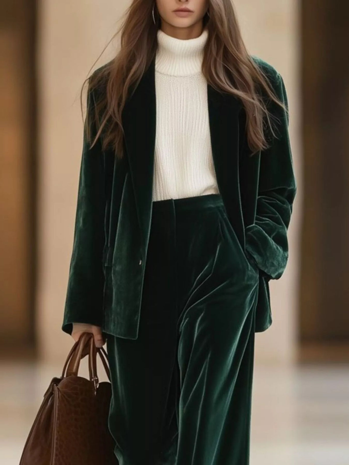 Velvet Blazer and Wide-Leg Pants Two-Piece Set