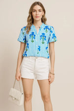 Stripe Floral Notched Neck Puff Sleeve Summer Blouse