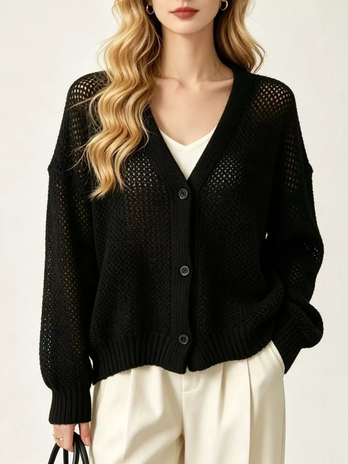 V-Neck Open-Knit Button-Down Cardigan