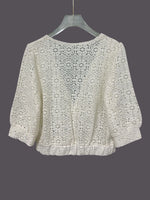 Ruched V-Neck Openwork Crop Knit Top