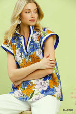 Umgee Floral Print Blouse with Contrast Trim