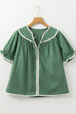 Ric Rac Trim Tie Neck Short Sleeve Blouse