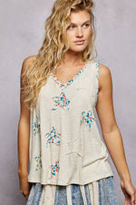 POL Floral Print Star Patch V-Neck Ribbed Tank