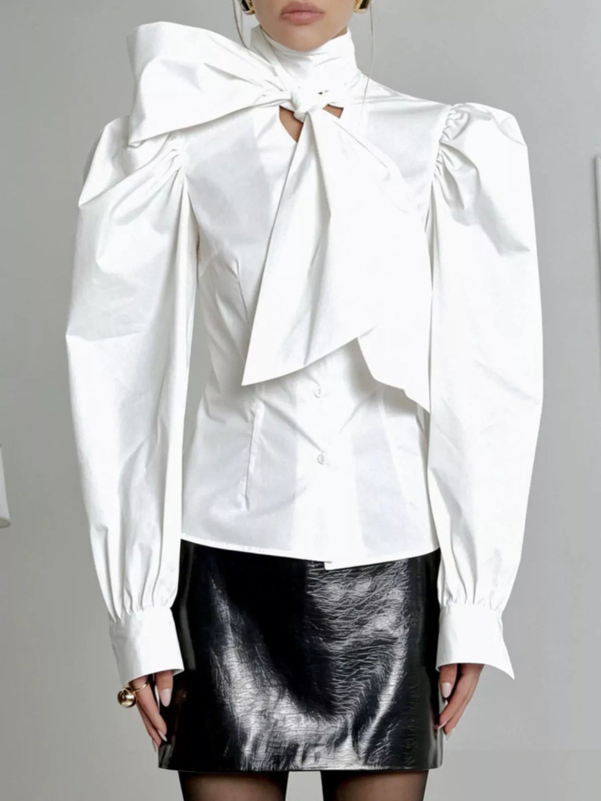 Bow Tie Puffed Sleeves Blouse
