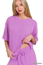 Zenana Raised Rib Short Sleeve Tee and Drawstring Shorts Set