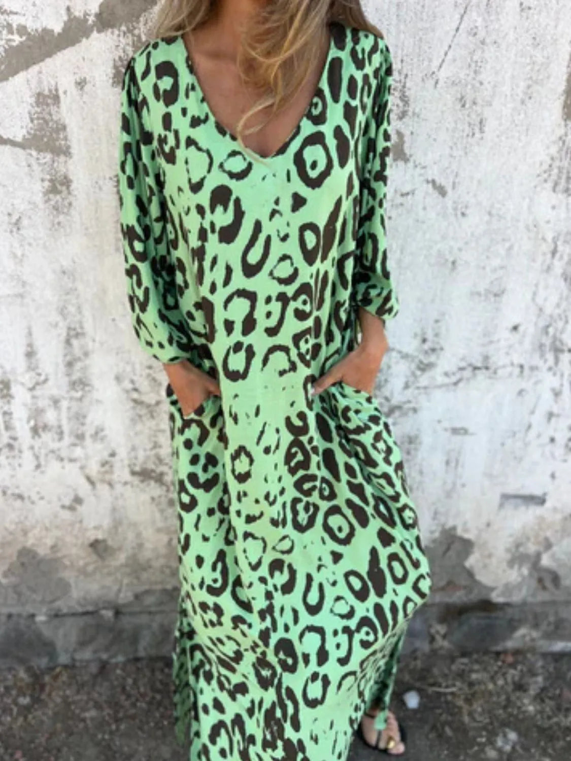 Full Size Printed V-Neck Dress with Pockets Plus Size