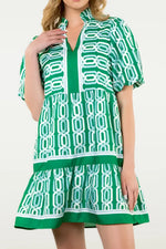 Abstract Patterned V Neck Puff Short Sleeve Mini Dress