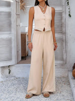 Devine Button Down Lace Detail Vest and Pants Set