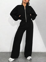 Casual Solid Color Zipper Jacket and Wide Leg Pants Set