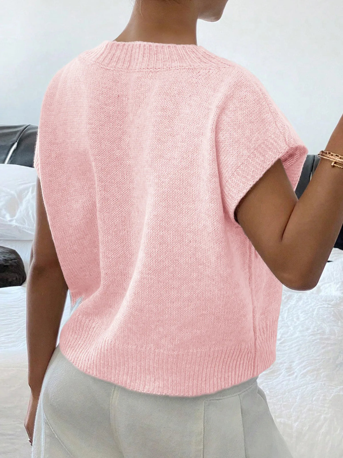 Ribbed Hem V-Neck Short Sleeve Sweater