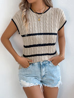 Cable-Knit Striped Round Neck Knit Top