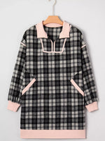 Plaid Polo Collar Zip up Contrast Trim Shift Long Sleeve Mini Dress