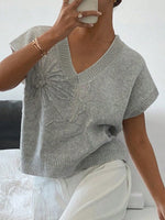 Ribbed Hem V-Neck Short Sleeve Sweater