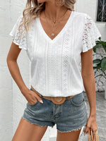 Eyelet V-Neck Flutter Sleeve Blouse