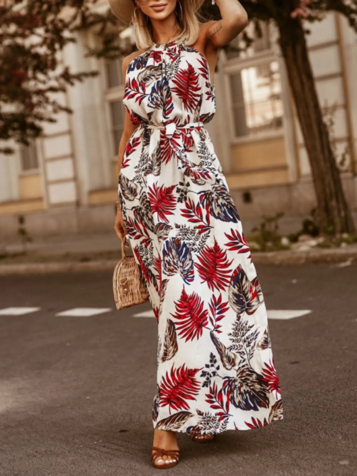 Tropical Floral Halter Neck Summer Dress