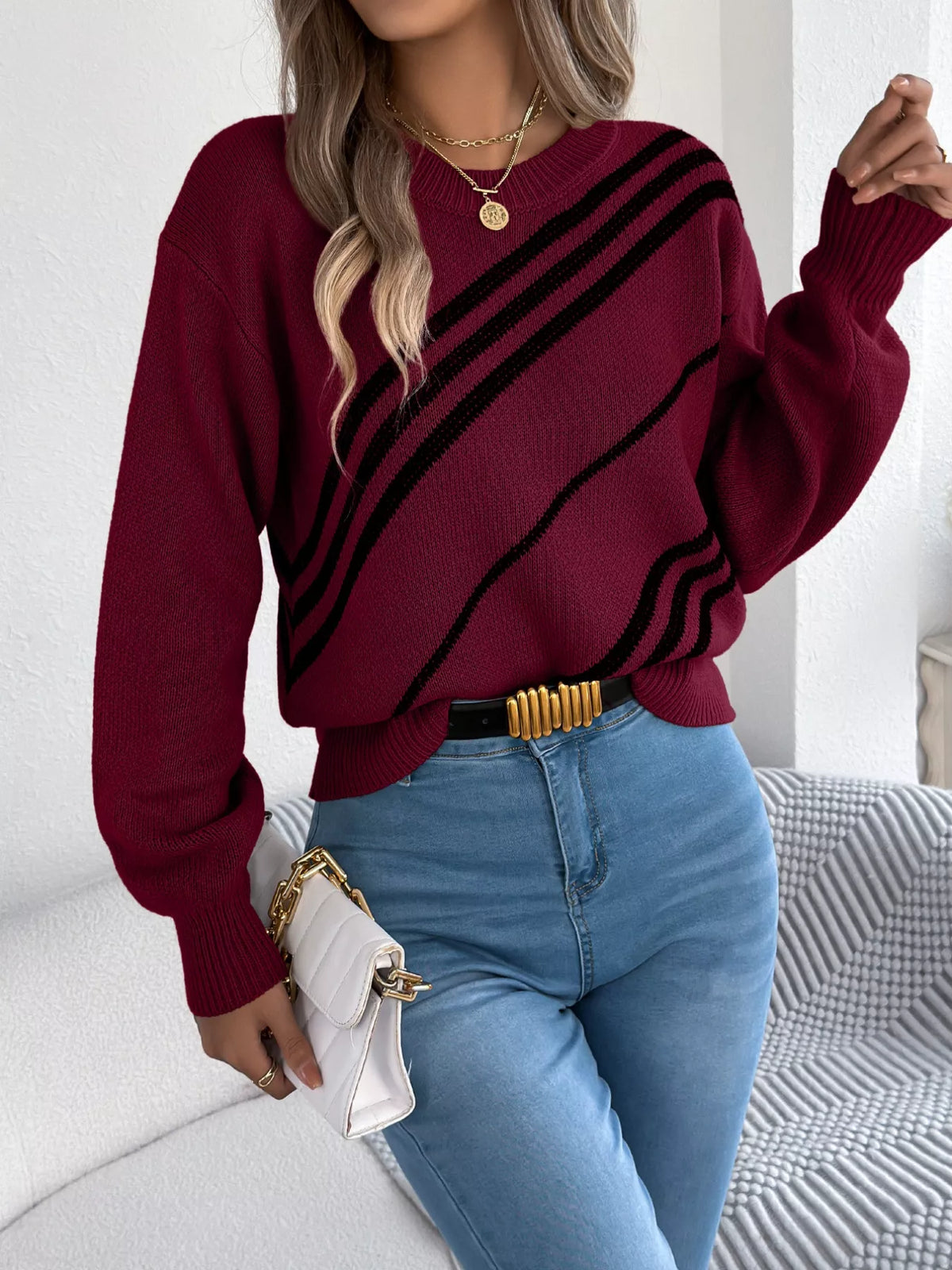 Striped Pattern Casual Round Neck Sweater
