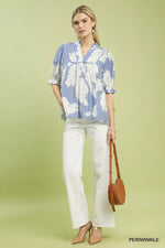 Umgee Peony Illustration Print Top with Scalloped Trim