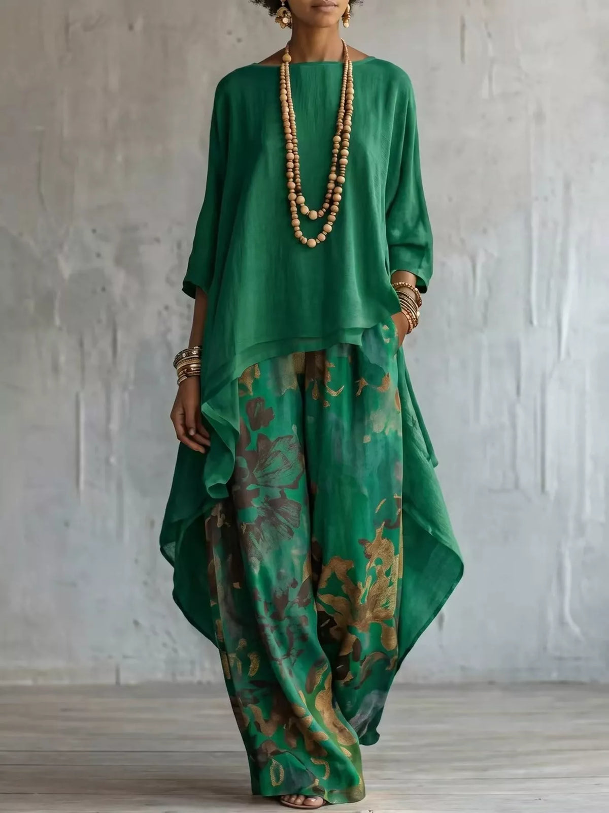 Asymmetrical Hem Top and Floral Pants Set