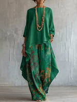 Asymmetrical Hem Top and Floral Pants Set