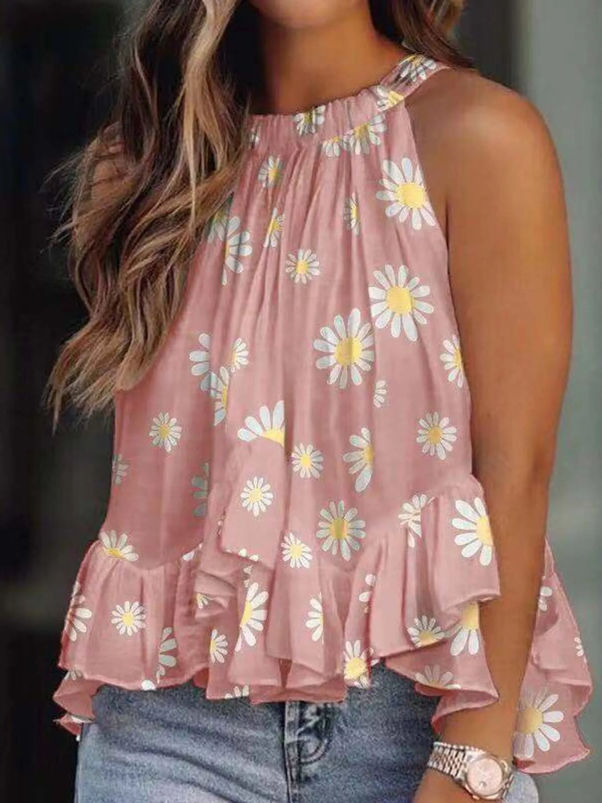 Ruffled Printed Halter Neck Cami Top