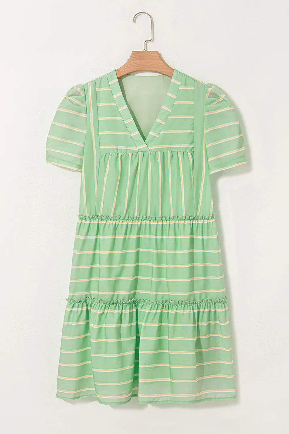 Stripe V Neck Short Sleeve Frilled Detail Dress